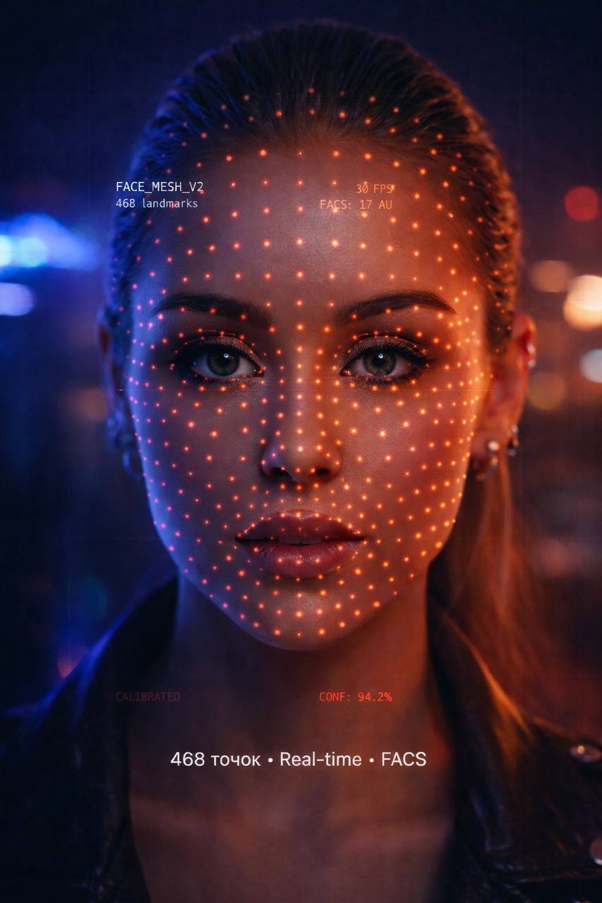 Red Rabbit AI Face Mesh — 468 landmark points tracked in real-time for micro-expression analysis